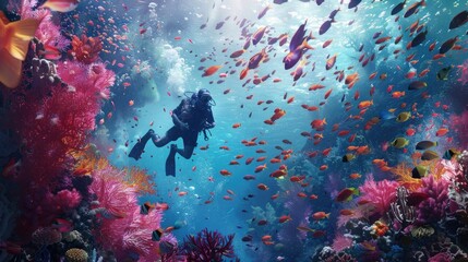 Wall Mural - scuba diver with a school of fish. coral reef full of marine life .