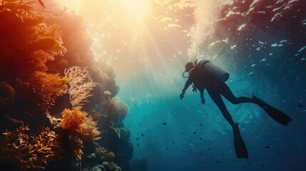 Wall Mural - Scuba Diver Explores Coral Reef in Tropical Sea.