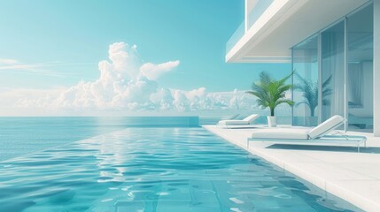 Wall Mural - Sea view.Luxury modern white beach hotel with swimming pool. Sunbed on sundeck for vacation home or hotel.