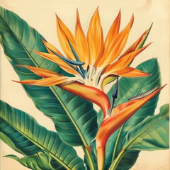 Wall Mural - Vintage botanical sketch of bird of paradise flower in tropical setting, tropical, vintage, drawing, bird of paradise, flower, pattern, nature, botanical, sketch, retro, exotic, flora