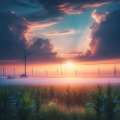 Wall Mural - A serene corn field at dusk during summer, with the sky painted in soft hues as the sun sets