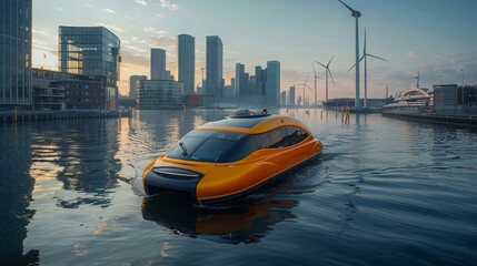 An orange electric boat glides through a harbor, with modern city buildings and wind turbines in the background, as the sun sets.