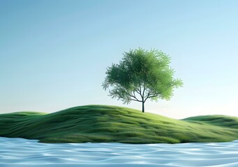 Wall Mural - Single Tree on Green Grass Hill with Blue Sky