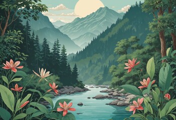 Retro River Floral Design: A Vintage Landscape Illustration