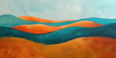 Wall Mural - A orange and teal, hills and grass fields, landscape