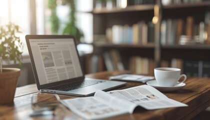 Cozy workspace with coffee cup, laptop, and phone on wooden table. Boosts productivity and creativity. ☕💻📱 Perfect for transforming your workday into an enjoyable and efficient experience!