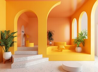 Canvas Print - 3D rendering of an empty room with yellow walls and arches