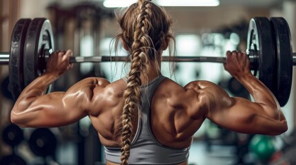 Canvas Print - A woman with a long braid lifts a heavy barbell during a workout in a gym.