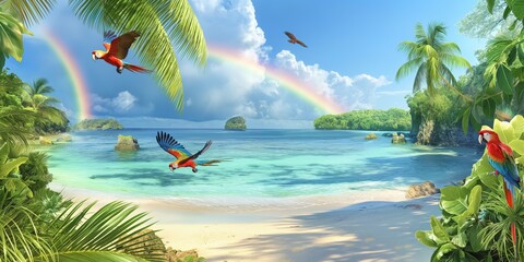 Wall Mural - A serene island beach with palm trees, turquoise water, and a clear blue sky.