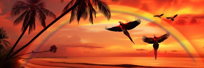 Wall Mural - A colorful sunset with birds flying over a beach, showcasing the vibrant colors of dusk.