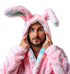 Happy man wearing bunny ears pink on isolated transparent background