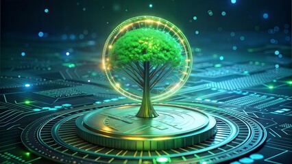 Tree growing out of a digital coin, symbolizing green finance, glowing neon green and gold, futuristic style, intricate details, 3D illustration 