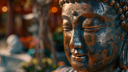 Sticker - A statue of a Buddha face with a serene expression