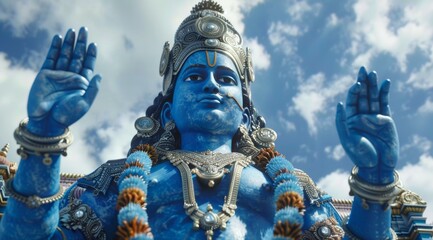 Poster - A blue statue of a god with blue face and blue hands