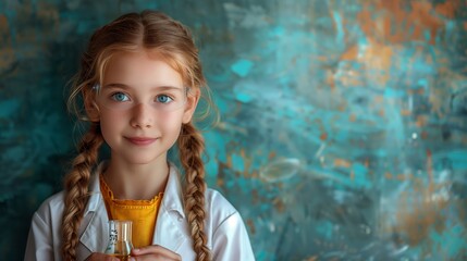 Aufkleber - A young girl, dressed in a white lab coat, holds a beaker and smiles at the camera. She has blonde braids and blue eyes. The background is a blurry, turquoise wall.