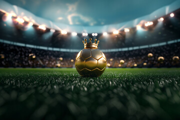 a golden soccer ball with a crown on top, placed on a lush green soccer field under bright stadium l