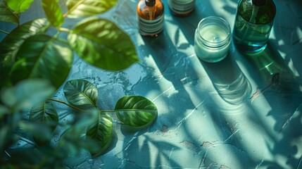 Wall Mural - A close-up shot of green leaves and two bottles of liquid on a teal surface with dappled sunlight.