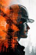 © Naret - Close-up Engineer wearing hard hat, close up, focus on, rich hues, double exposure silhouette with cranes. space for text