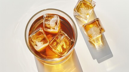 Aerial view of a whiskey glass with whiskey and three ice cubes with a shadow isolated on white.