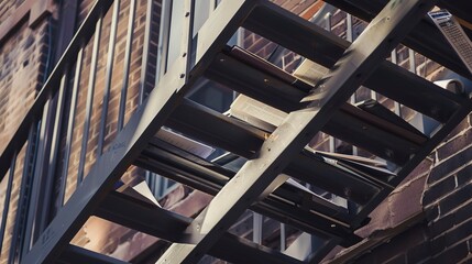 Poster - Fire escape steps with open textbooks and notebooks, close-up, natural daylight, textured metal, study session, urban learning.