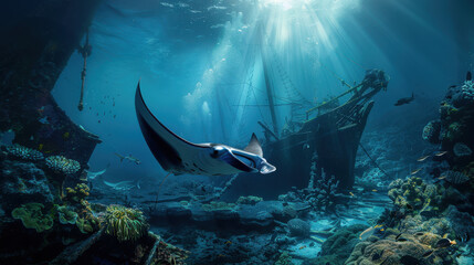 Wall Mural - a manta ray and a human interacting underwater