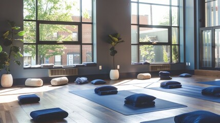 Wall Mural - A yoga studio with large windows and natural light, featuring blue yoga mats and cushions, set up for a class.