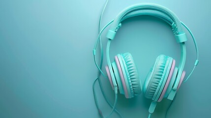 Top view, old-fashioned pastel headphones, softly blurred blue background, isolated, studio lighting, retro charm