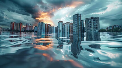 Urban neighborhood inundated with water, reflections of buildings on water surface, stormy skies, World Flood concept