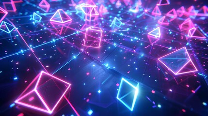 80s style background with grid and neon lights, dark blue background with colorful glowing shapes flying around in the air in the style of low poly design, dark room interior with laser beam