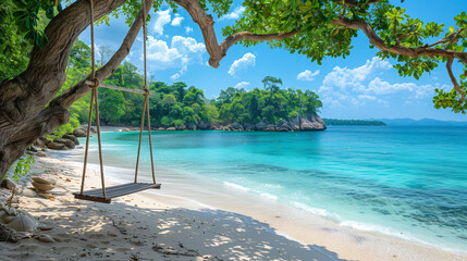 a swing hanging from a palm tree on the shore of a beach on an idyllic island that conveys tranquili