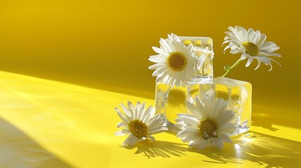 Wall Mural - Beautiful flower blossom frozen in ice cubes isolated on yellow background with shadow. Beauty in Nature. isolated on a solid yellow background. Illustrations