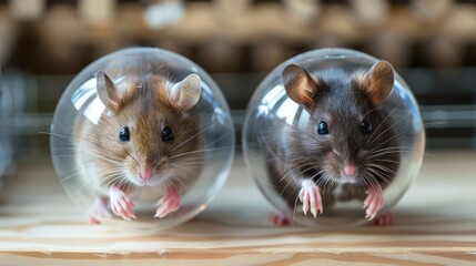 Wall Mural - Male and female rodent pets in separate plastic balls.