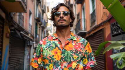 Man in a colorful floral shirt and sunglasses, confidently strolling through a vibrant city street