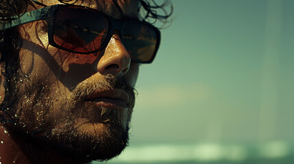 Close-up of a man with wet hair and sunglasses, exuding a rugged and intense vibe under the sun.