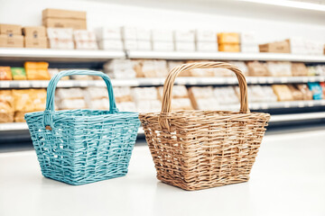 Sticker - Wicker Baskets on a White Countertop in Front of a Supermarket Shelf