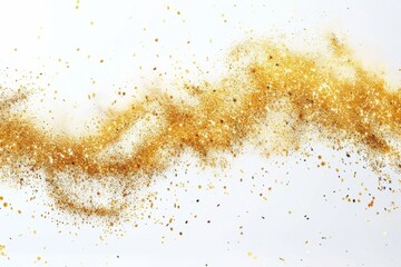 Texture of golden sheen on white background. Wave of shiny confetti.