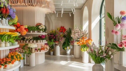 Poster - A vibrant floral shop display showcases a variety of colorful flowers arranged in white vases and on shelves. The shop features a modern interior with large windows and natural light streaming in.