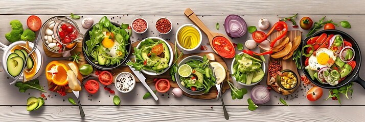 Wall Mural - healthy eating a colorful assortment of fruits and vegetables, including a red tomato, are arranged on a wooden table alongside a wooden spoon