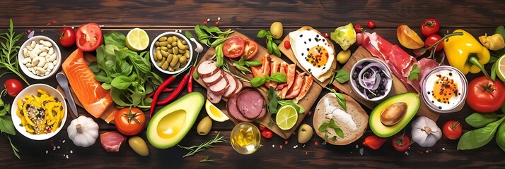 Wall Mural - healthy eating a colorful assortment of fruits and vegetables, including red tomatoes, green avocados, and yellow peppers, are arranged on a wooden table alongside a white bowl