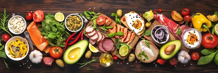 healthy eating a colorful assortment of fruits and vegetables, including red tomatoes, green avocados, and yellow peppers, are arranged on a wooden table alongside a white bowl