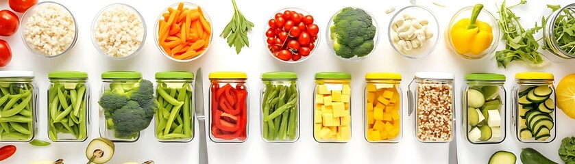 Wall Mural - healthy meal prep with a colorful assortment of fruits and vegetables, including red tomatoes, green broccoli, and cucumber, arranged in a clear glass jar with a green lid