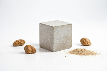 Poster - Concrete Cube, Stones, and Powder on a White Background