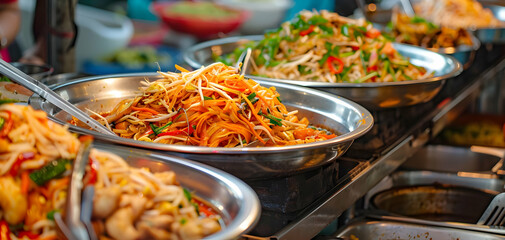 a food stall with an array of spicy and tangy thai noodle dishes