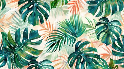 Wall Mural - Contemporary watercolor tropical leaf pattern for textile design with a retro summer theme and vintage exotic print