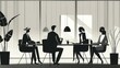 © WACHI - Monochrome illustration of a business meeting around a table, with four professionals discussing in a modern office setting.