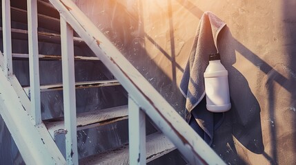 Fire escape steps with smoothie bottle and gym towel, close-up, morning light, textured surfaces, fitness routine, health focus. 