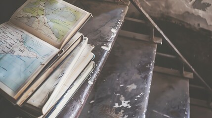 Wall Mural - Fire escape steps with travel guidebooks and map, close-up, natural daylight, textured metal, adventure planning, urban traveler. 