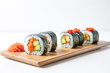 Canvas Print - Fresh Sushi Rolls with Avocado and Salmon on a Wooden Platter