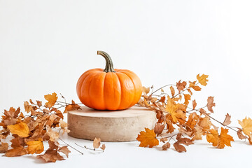 Canvas Print - Single Pumpkin with Fall Leaves on a White Background