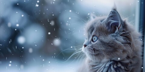 Wall Mural - Adorable British Longhair Kitten Gazing at a Winter Wonderland. Perfect for Wall Art, Holiday Decor, New Year, and Christmas Celebrations. Featuring a Cute Animal in a Snowy Landscape with a Blue Sky,